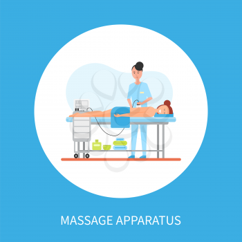 Massage on apparatus machine vector poster in circle with masseuse woman making relaxing procedure using electronic device. Woman in spa cabinet isolated