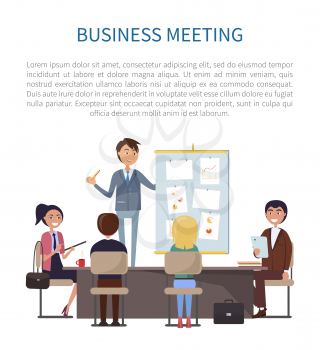 Business meeting, conference of boss and employees vector. Man giving presentation, presenting strategy and plan of company activities, chats and data