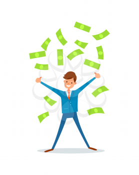 Happy businessman making cash rain of money vector isolated cartoon character. Manager holdings hands up, throwing bills above head. Financial success concept