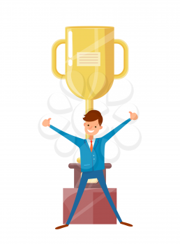 Man in suit raised hands up, big golden trophy cup on background. Excited worker achieved success, best award for achievements in business vector