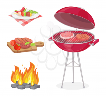 Beefsteak roasted meat on grille grid isolated icons set vector. Fire flame and beef served on plate and wooden boards. Dish with vegetables veggies