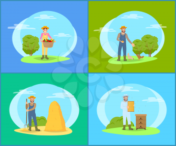 Farmer working in garden cartoon vector banners set. Man and woman with tools, basket of veggies and pitchfork for hay, feeding hens beehive for bees
