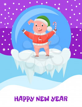 New Year greeting card, pig in hat and knitted sweater with cane candy. New Year zodiac symbol, piglet animal in clothes, cartoon vector on icy cliff in ball