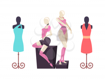 Mannequins with clothes dresses and shorts vector. Showcase of clothing, classic casual robe. T-shirt and choker accessory set with light short skirt
