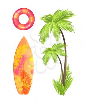Surfing board ,summer isolated icons set vector. Saving ring, lifeline and lifebuoy. Green palm tree and surfboard with exotic leaves plant print