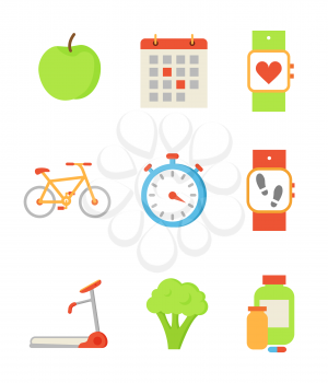 Wristwatch and apple isolated icons set vector. Apple and calendar, bicycle and clock, broccoli vegetable and bcaa vitamin. Treadmill running track