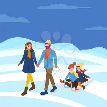 Mother and father, kids sitting on sledges winter season activities vector. Evening married couple with children on sleds, seasonal walks outdoors