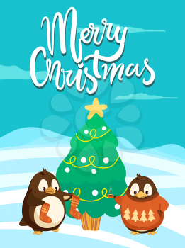 Merry Christmas penguins wearing warm clothes standing by tree vector. Animals in knitted sweater with pine print, fir with star and decoration baubles