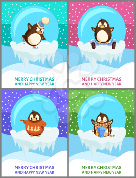 Merry Christmas and happy New Year penguin in glass ball vector. Posters with text sample, snowing weather, bird wearing sweater with pine fir print