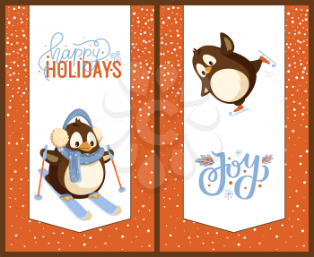 Skating and skiing penguins, happy winter holidays greeting card. Bird in earmuffs and scarf on skis or skates, Christmas and New Year celebration vector
