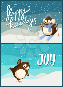 Merry Christmas happy holidays New Year joy poster set vector. Snowflakes and penguin having fun with activity, wildlife skiing bird in warm clothes