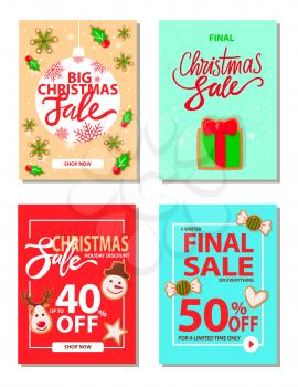 Big Christmas sale 50 percent off reduction price vector. Giftbox decorated with ribbon bow, mistletoe plant with leaves and berries, snowman reindeer