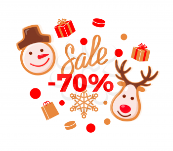 Sale 70 percent price more than half off reduced cost logo vector. Snowman and reindeer with horns, winter characters Christmas reduction and offers