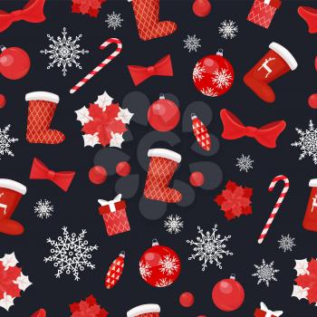 Christmas seamless pattern socks and candy lollipop stick vector. Star decoration, bauble with snowflake print, bow ribbon, toy decoration for pine tree