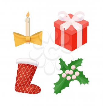 Sock with print of pine trees candle decorated with bow ribbon vector. Isolated icon of box wrapped in paper mistletoe with berries leaves of plants