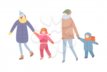 Family spending time together, winter season activity vector. Mother holding hands of son and daughter, mom and kid wearing warm clothes wintertime