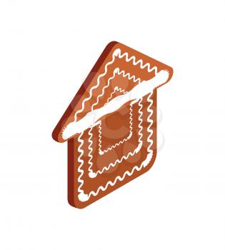 Gingerbread house vector baked cookie icon isolated on white. Traditional element for New Year and Christmas baking. Sweet 3D confectionery dessert
