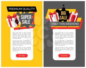 Big sale only this weekend prices off vector web templates. Giftbox with ribbon, presents and gift in box. Special discounts and new offers, super price