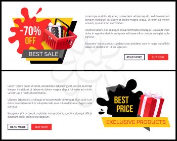 Pricetag 70 percent sale on products vector landing page sample. Blot and ribbons, inflatable balloon, clearance and promotion,best offer discounts