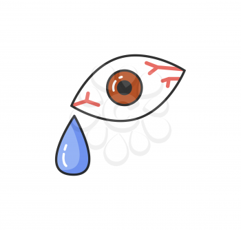 Symptom of allergic reaction, bloodshot human eye isolated icon vector. Drop of tear and red capillary, problems with health and allergy of person