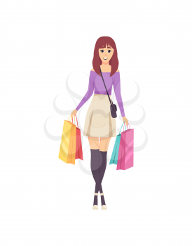 Female lady walking with bags and handbag on shoulder vector. Shopper with bought items, happy woman shopping day and purchases placed in containers