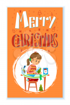 Merry Christmas holidays preparation of girl with cards vector in round brush frame. Child making handmade greeting post, pine evergreen tree and Santa Claus