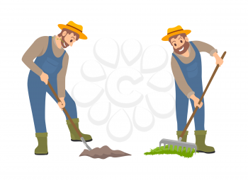 Farming people on land set vector. Isolated icons set, person with shovel cultivating land and man with rake spreading compost on soil. Farming works