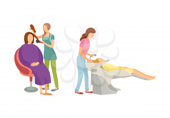 Spa procedure for hair in beauty salon cartoon set isolated vector people hairdresser and client. Haircutter r in uniform takes care of custumers on workplace