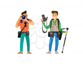 Photographers taking picture with photo equipment. Photojournalist and reporter carrying bag or backpack, tripod for camera vector illustrations set.