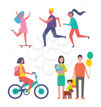 Family and running couple keeping fit. Isolated icons set skating woman in dress, lady riding bicycle. Father and mother holding newborn kid vector