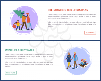 Preparation for Christmas winter holidays set vector. Mother and father, children having fun outdoors, woman with packages, shopping. People on sledge
