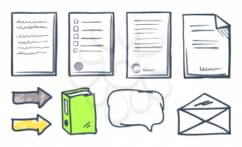 Office paper documents and arrows isolated icons vector. Thought bubble, book publication and indicators, envelope and letters. Documentation set