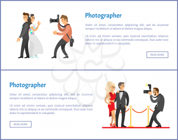 Wedding photographer and paparazzi web banners set. Bride next to groom, celebrities couple, flashlight with zoom for camera vector illustrations.