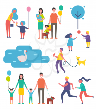 Family happy children isolated icons set. Swan floating on lake water, couple jogging, father and mother with kid kids and pet dog on leash vector