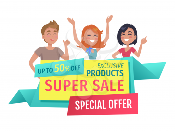Super sale banner for shop sellout isolated . Flat vector exclusive products and special offer promotion phases and customers hands up and waving.