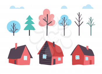 Houses made of wood and winter trees forest vector. Wooden cottage facade, shelter front exterior with chimney and windows. Garden with pine and fir