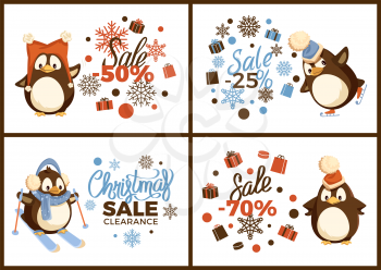 Christmas sale clearance, skating and skiing penguin in headwear and scarf. Card decorated box in wrapping, snowflake ornaments and big discount vector