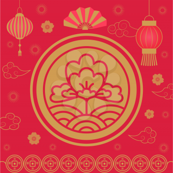 Chinese New Year holiday celebration floral vector. Flower in circle, lanterns made of paper, clouds and line art flat style, zodiac Asian festival