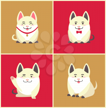 Chinese New Year animal pet pig animal in collar vector. Pig pretending to be puppy wearing bow on neck, domesticated canine holiday celebration set