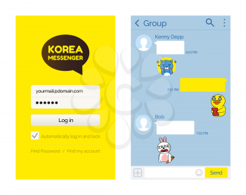 Kakaotalk messenger Korean application for users vector. Internet technology for people to speak, communication via internet smartphone mobile app