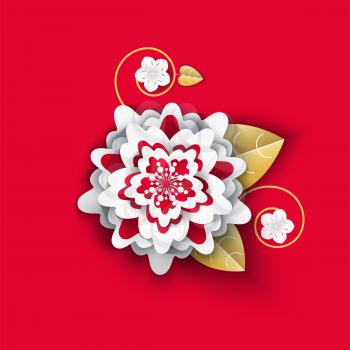 Origami flower with petals and leaves isolated icon vector. Chinese New Year decoration, culture of celebration flourishing and blooming of flora
