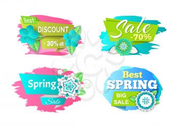Spring sale seasonal proposition of markets banners set vector. Flowers in bloom, reduction of price, clearance and special offer for customers of shop