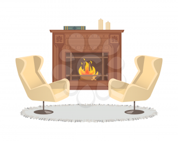 Fireplace with vase decoration and armchairs interior vector. Homelike atmosphere, carpet on floor, ground covered with rag. Burning logs in stove