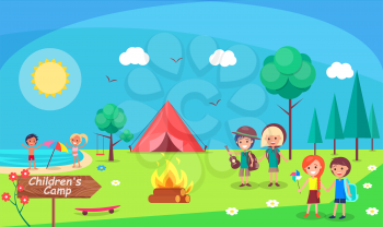 Children camp bonfire nature and kids camping vector. People having fun outdoors, tent and sun, beach and umbrella protecting from shade child smiling