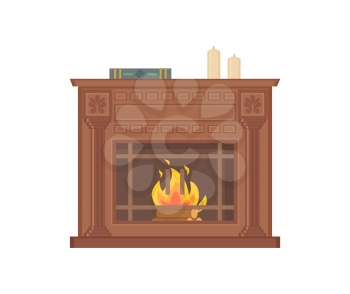 Fireplace with decorative vases and ornaments isolated icon vector. Wooden material in fire, burning logs, ornamental decor and care frame flames