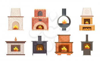 Fireplaces with shelves and different pavement types vector. Isolated icons set of stoves and open metallic rounded pipe, stone and brick furnace