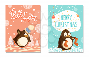 Card Hello Winter decorated by skating penguin in hat. Animal holding socks with pattern, greeting Merry Christmas. Winter postcard with birds vector