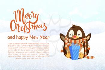 Penguin in scarf with gift and mittens, Christmas and New Year banner. Bird with present in winter clothes vector. Arctic animal, holiday greeting.