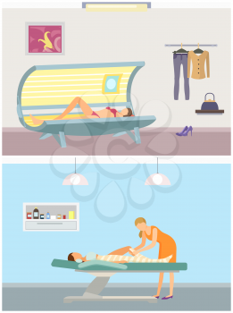 Body wrap and tanning in solarium of lady, parlor and clothes on hangers set vector. Beauty salon skin color change and detoxifying slimming procedure