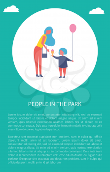 People in park poster mother with daughter in circle, text sample. Woman with bag bought ice cream and balloon with helium for child, have fun outdoor